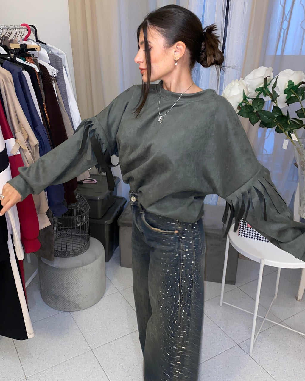 Felpa di renna con frange