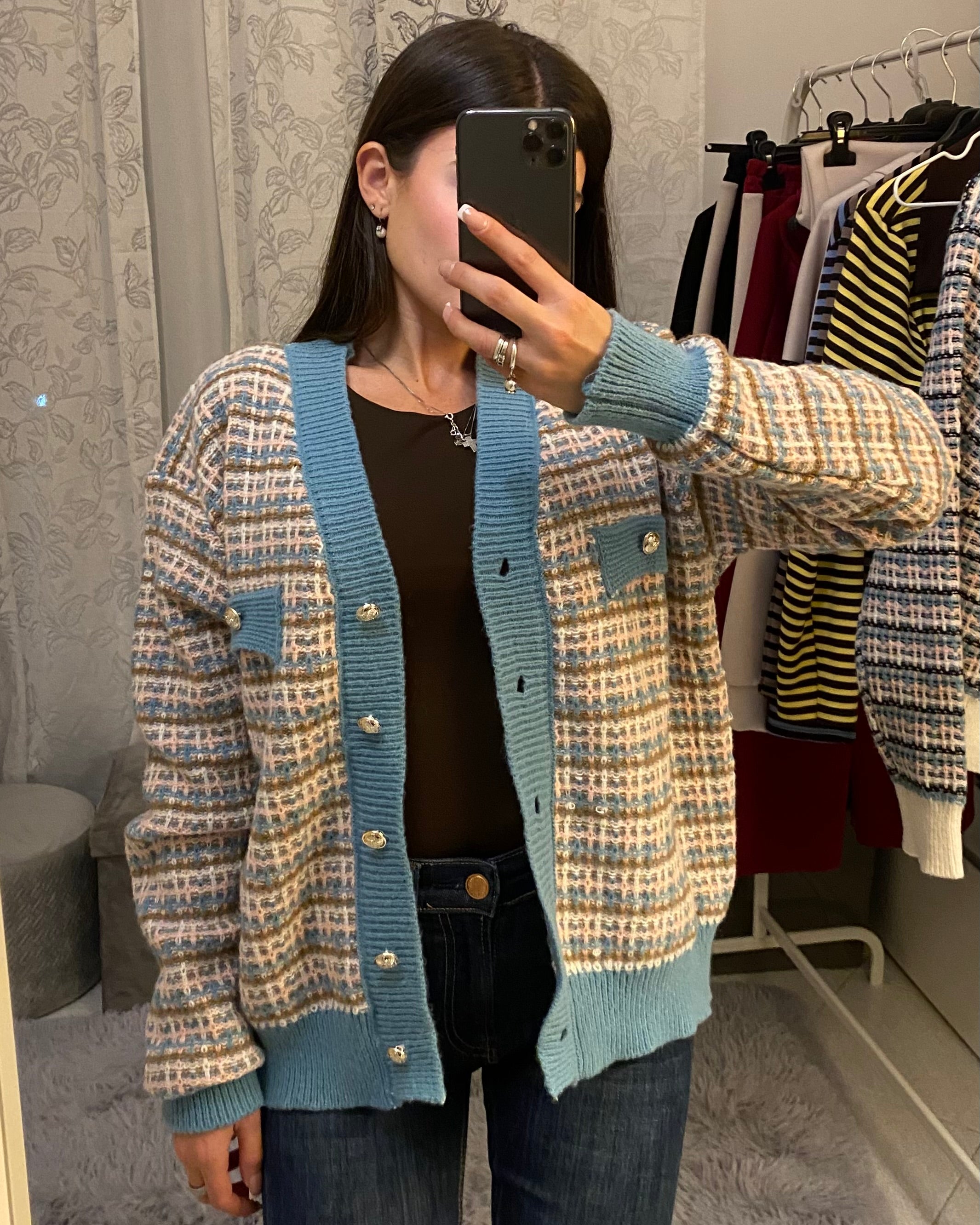 Cardigan Multicolor con bordi azzurri