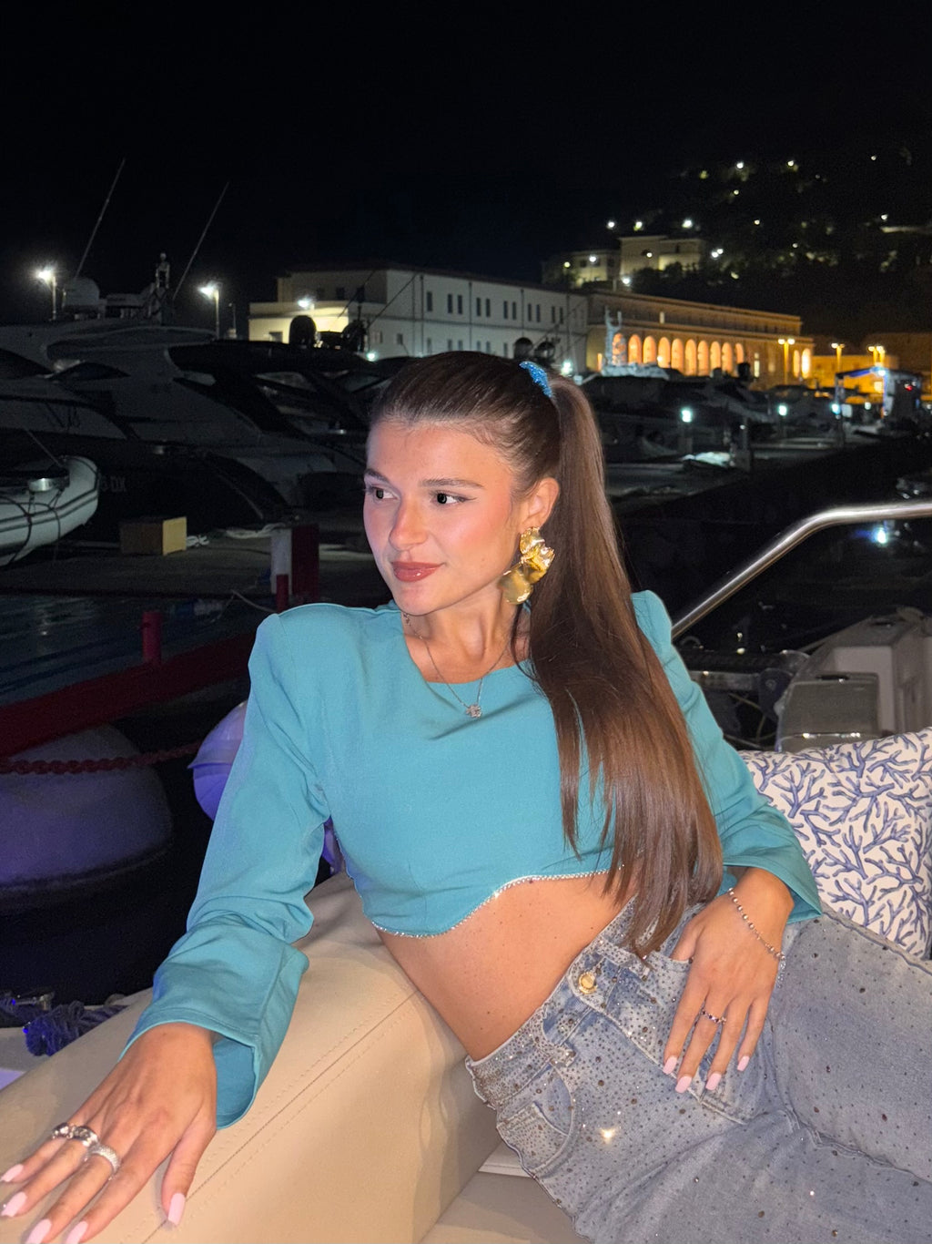 Crop top strass manica lunga