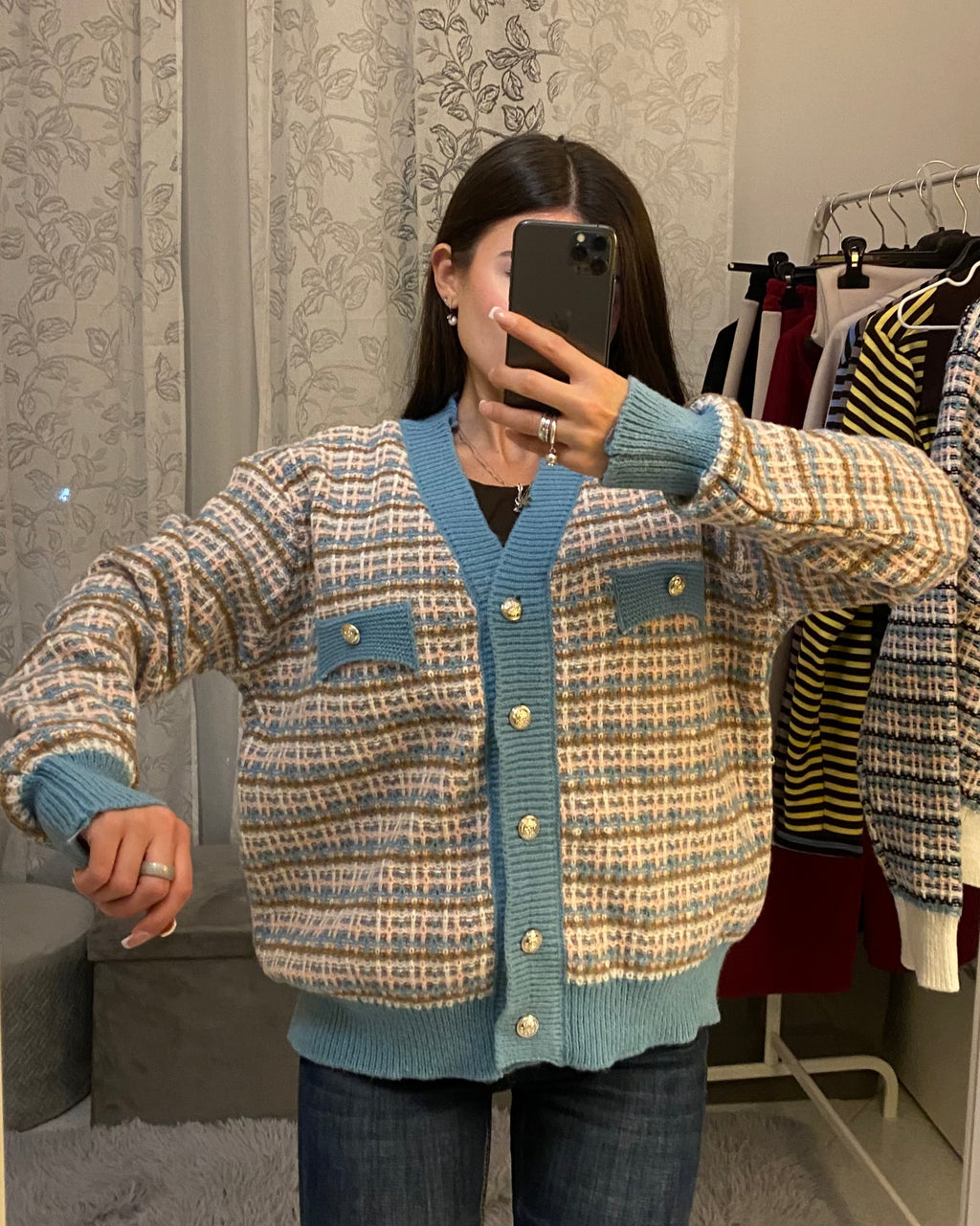 Cardigan Multicolor con bordi azzurri