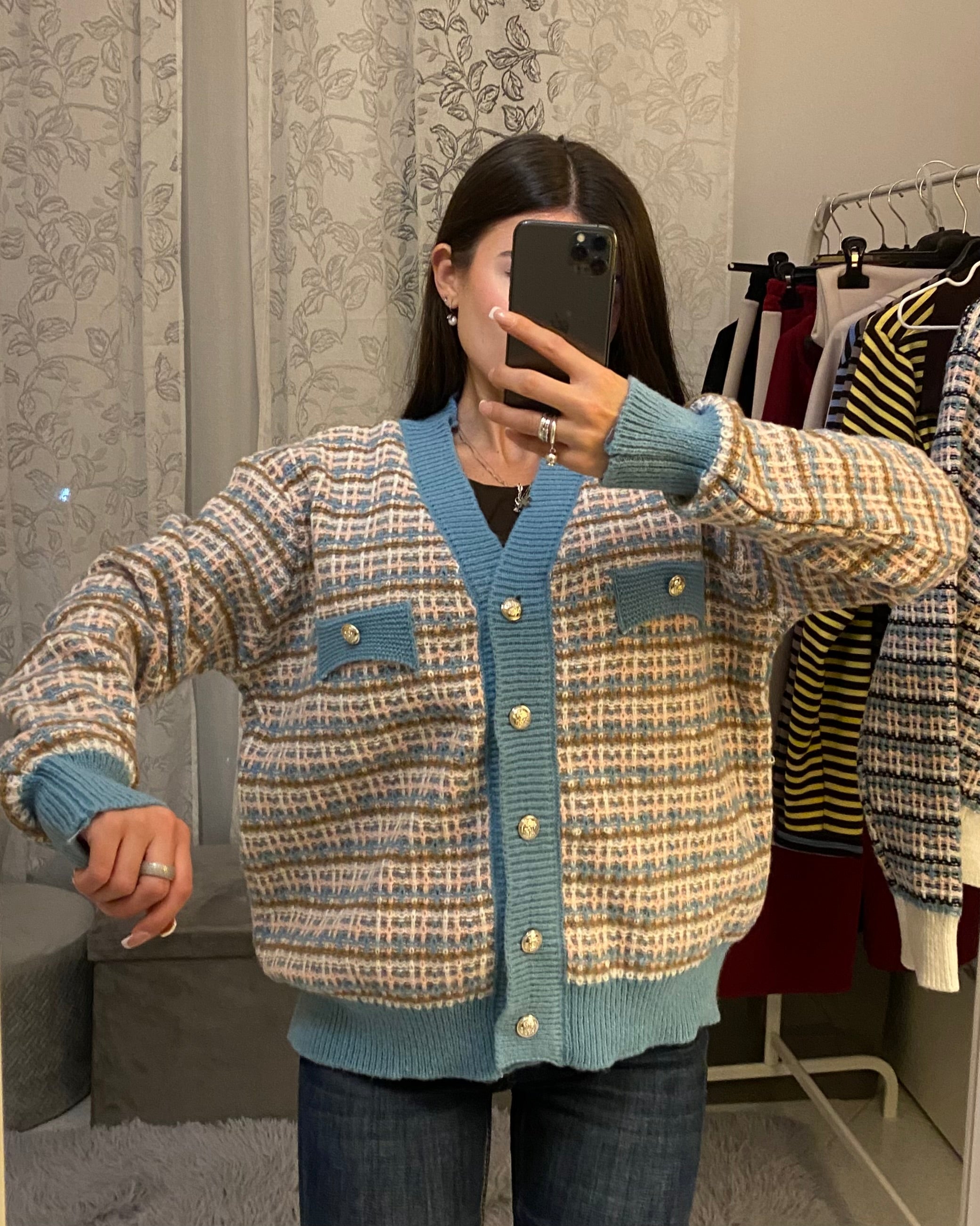 Cardigan Multicolor con bordi azzurri