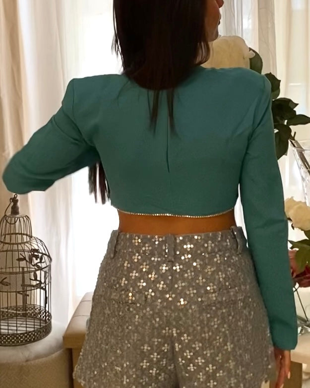 Crop top strass manica lunga