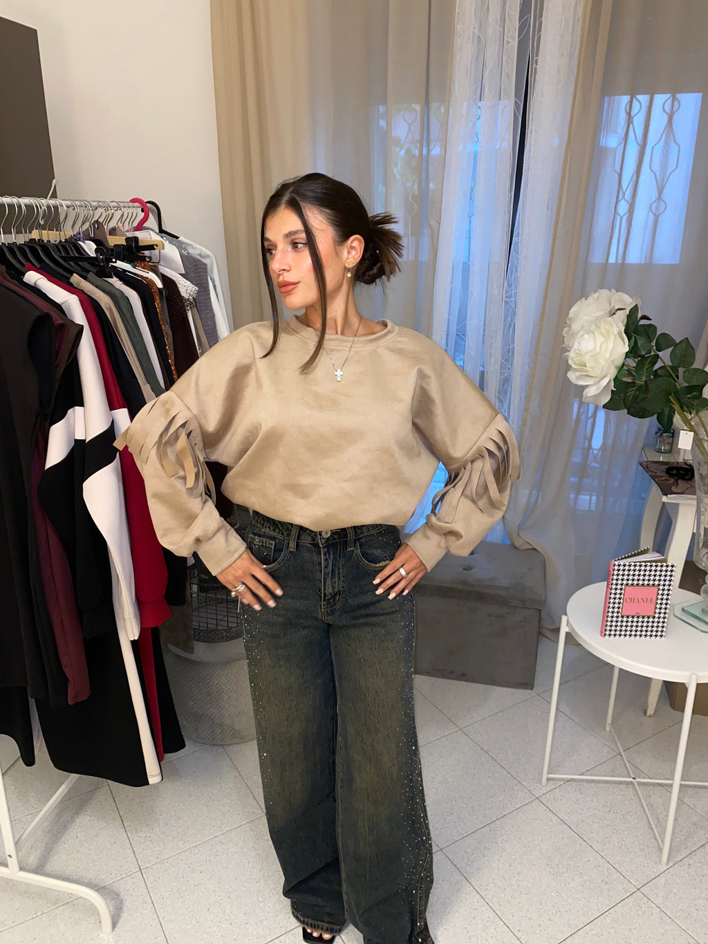 Felpa di renna con frange