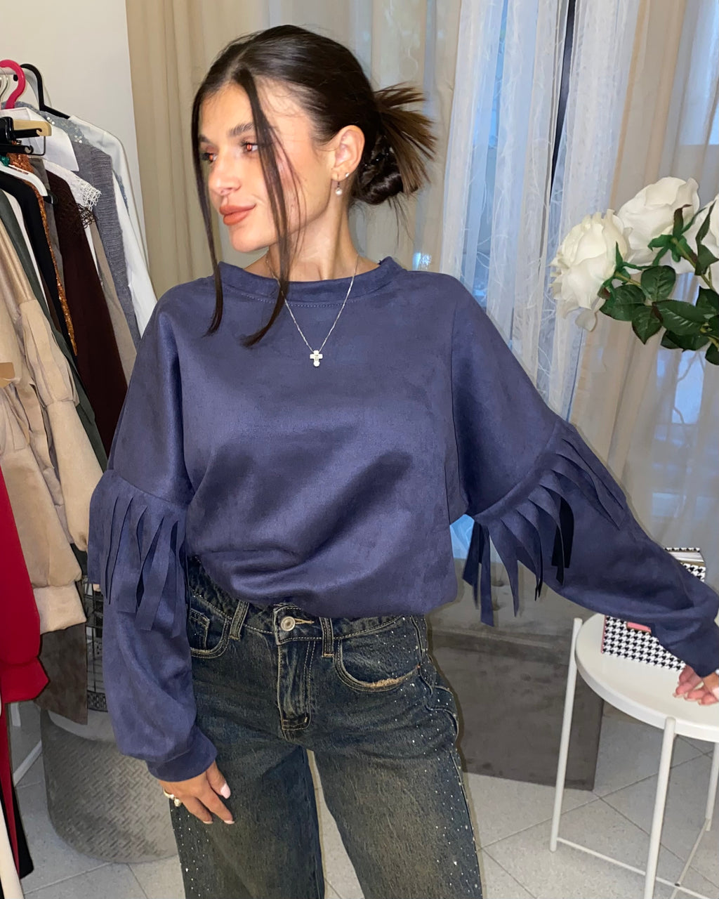 Felpa di renna con frange