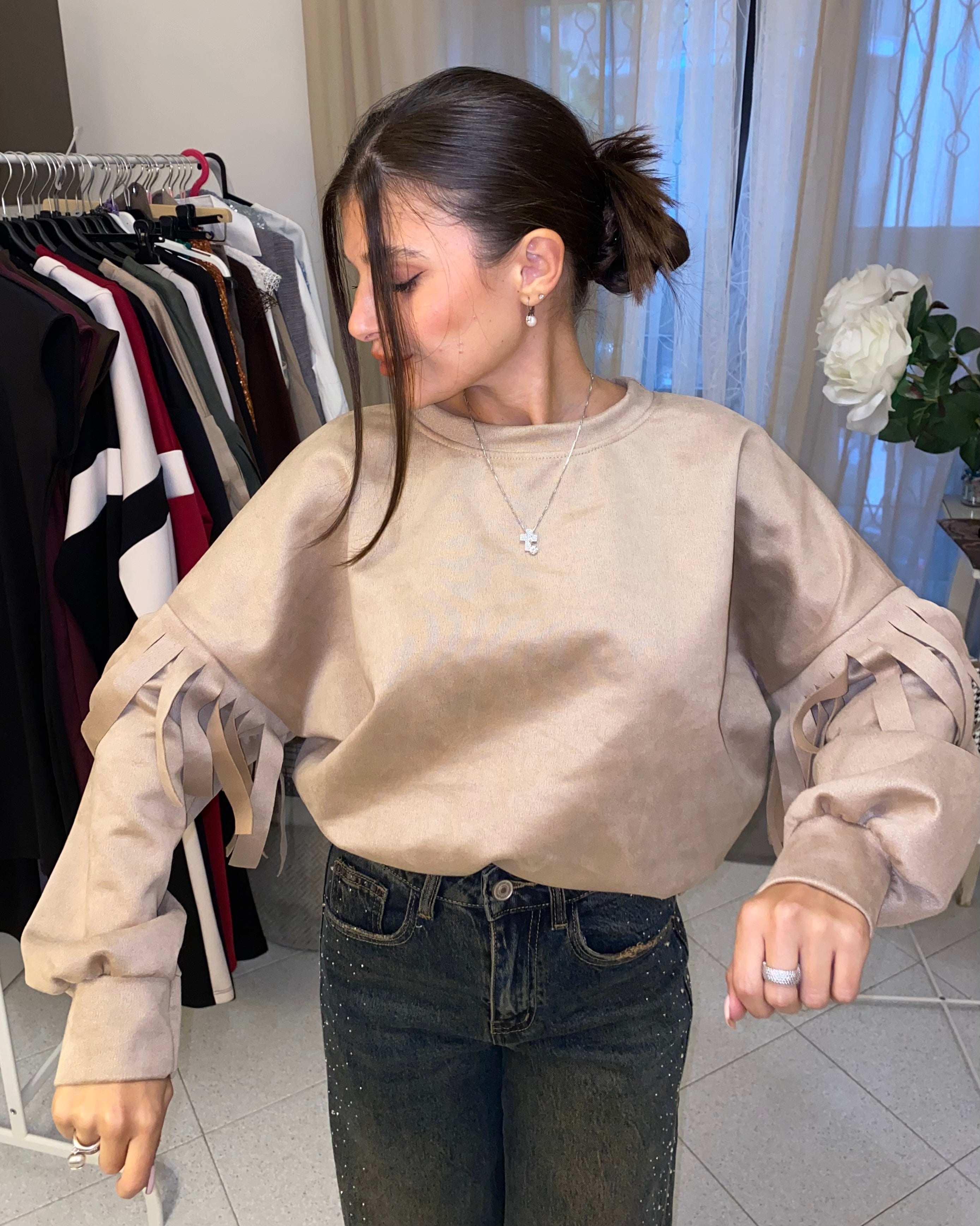 Felpa di renna con frange