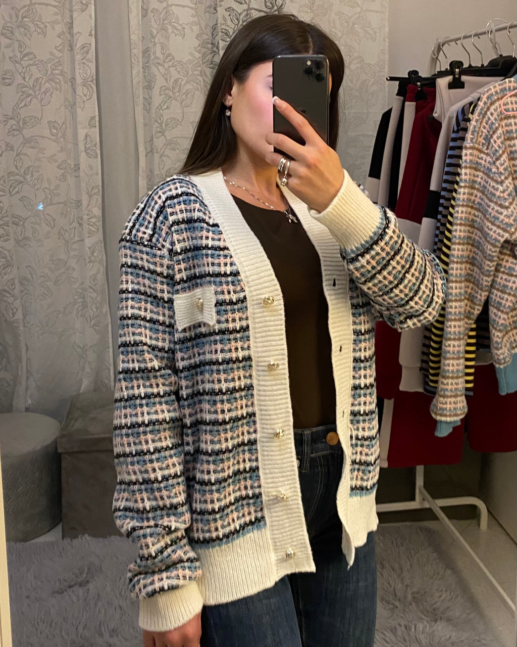 Cardigan Multicolore con bordi bianchi
