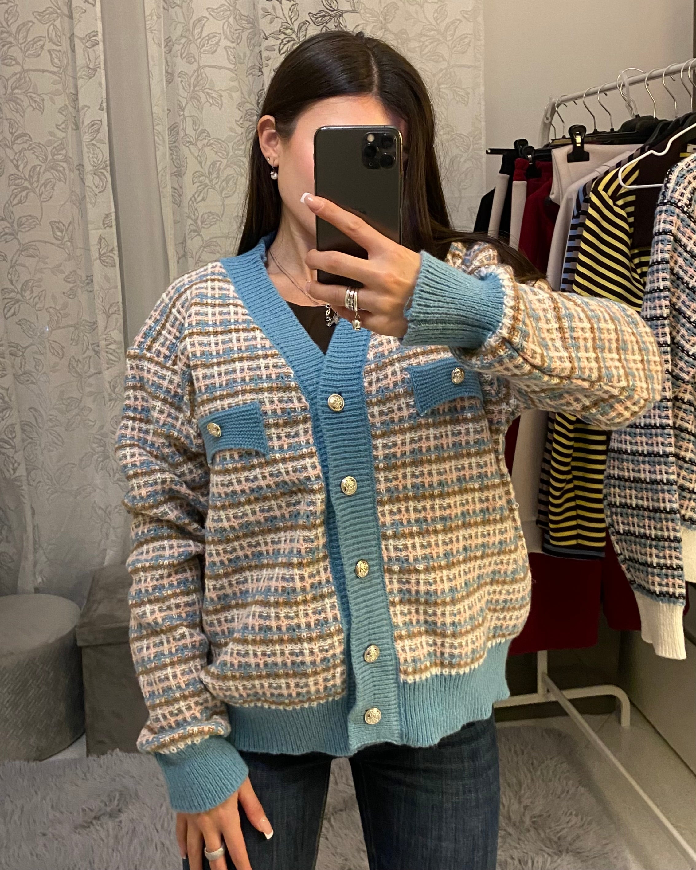 Cardigan Multicolor con bordi azzurri