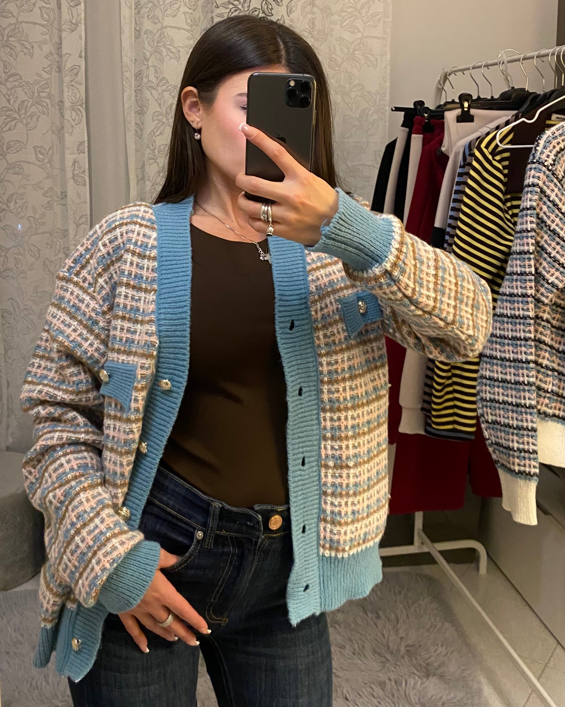 Cardigan Multicolor con bordi azzurri