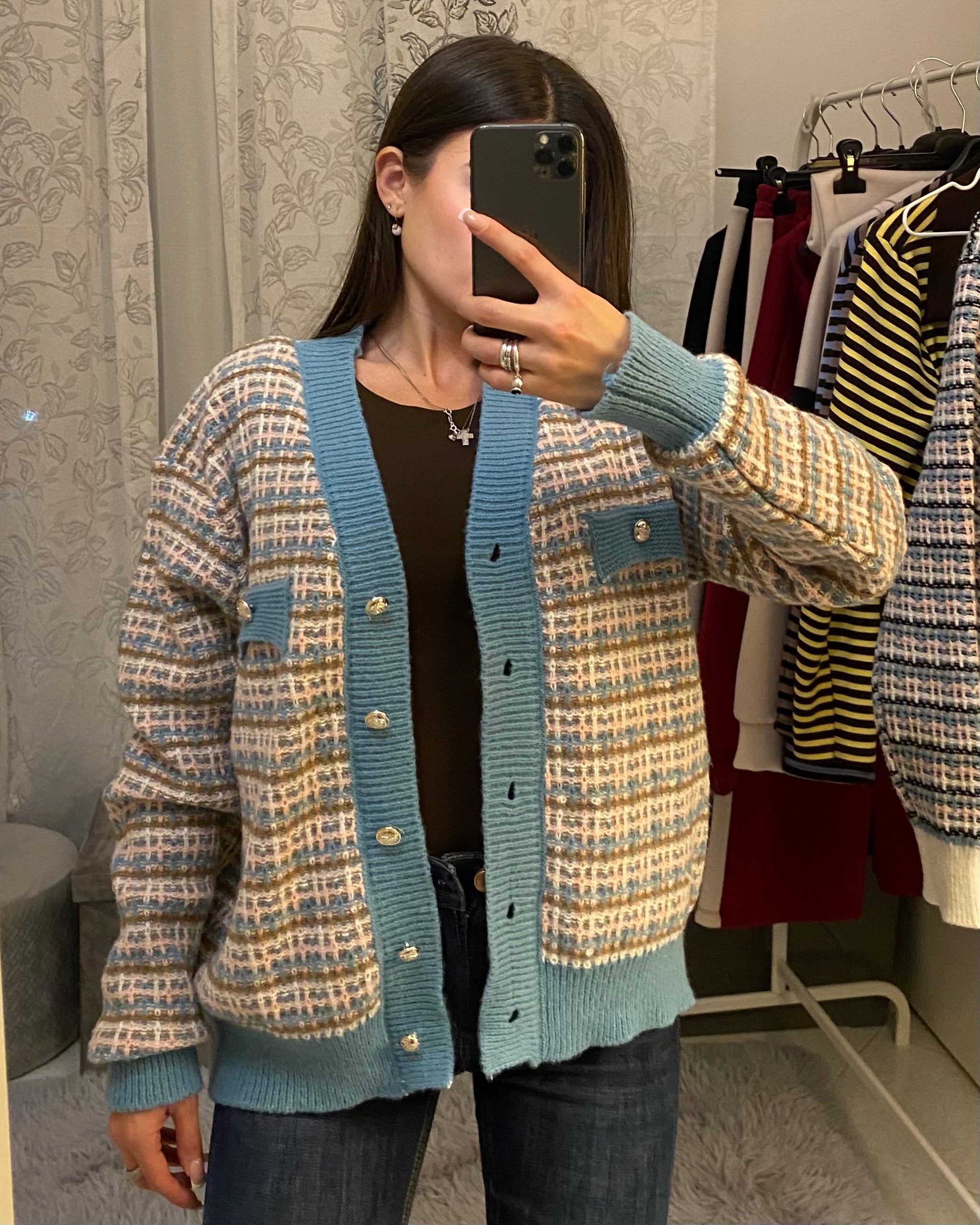 Cardigan Multicolor con bordi azzurri