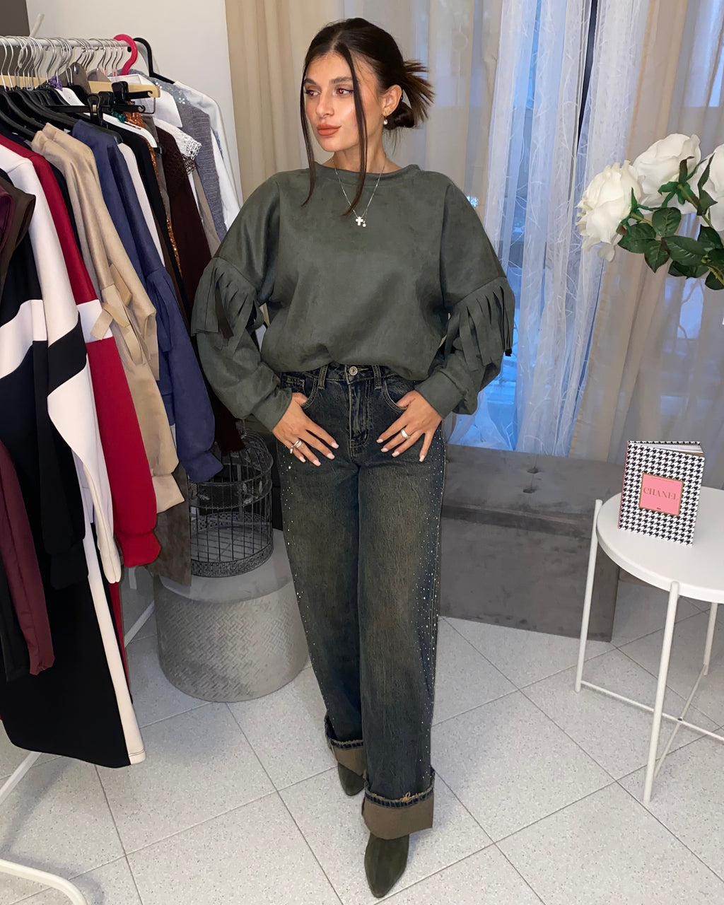 Felpa di renna con frange