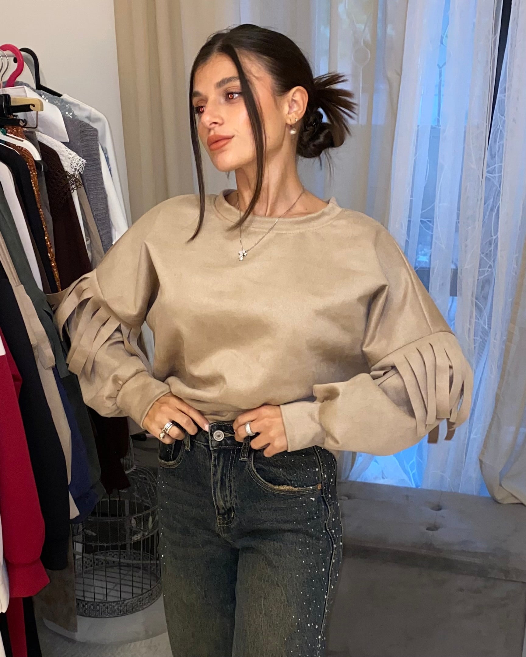 Felpa di renna con frange